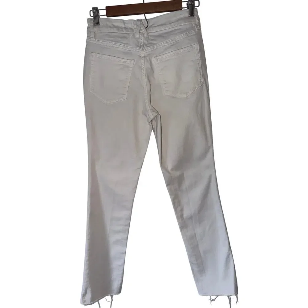 Good American White Mid Rise Good Legs Straight Everyday Jeans Raw Hem Size 0 25